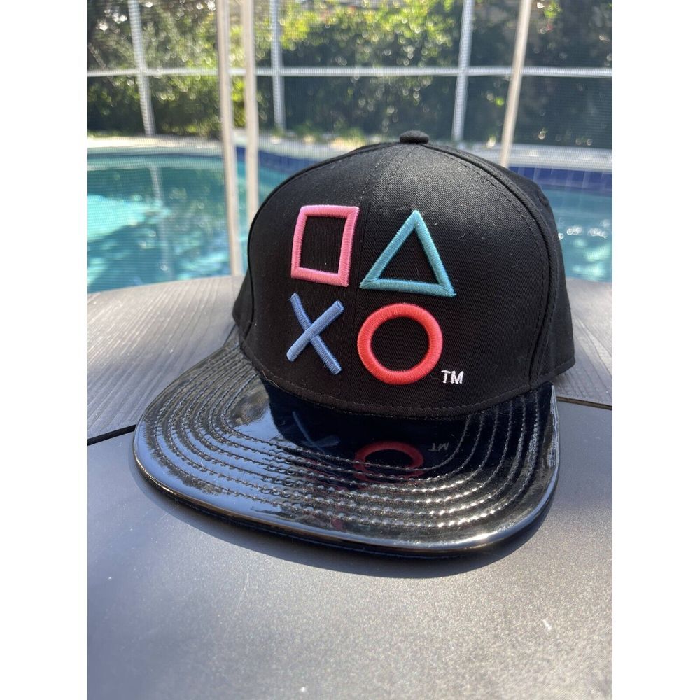 Men's Black PlayStation Buttons Baseball Cap Snapback Imitation Leather Bill Hat